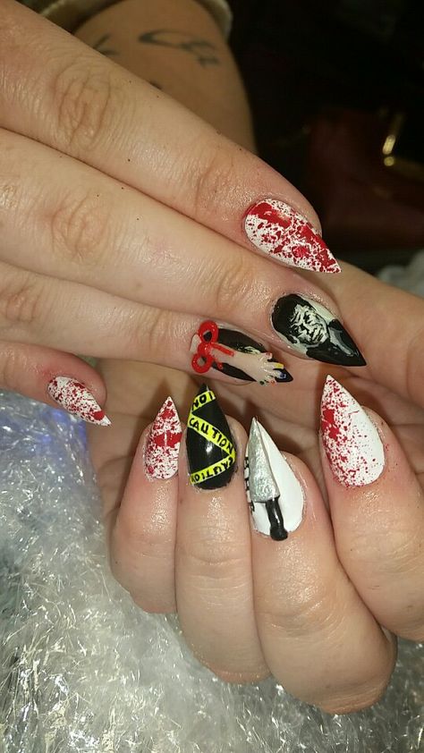 Love my Dexter acrylic Nails Dexter Nails, Dexter Morgan, Halloween Nail, Dexter, Halloween Nails, Nail Design, Nail Inspo, Random Stuff, Acrylic Nails