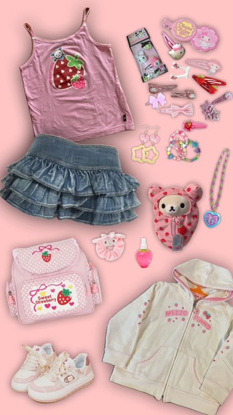 Cutecore outfit :3 #cutecore #cutecoreaesthetic #strawberry #outfit #fit #outfitideas #fitideas #pink #kawaii #cute #strawberry #mymelody #plushie #kawaiicore #cuteclothes #cutejewelry #luvyou Cutecore Outfit Layout, Cute Core Outfits, Cutecore Outfit Ideas, Kawaiicore Outfit, Cutecore Clothes, Cute Core Outfit, Kawaii Core Outfit, Sanriocore Outfits, Cutecore Outfit