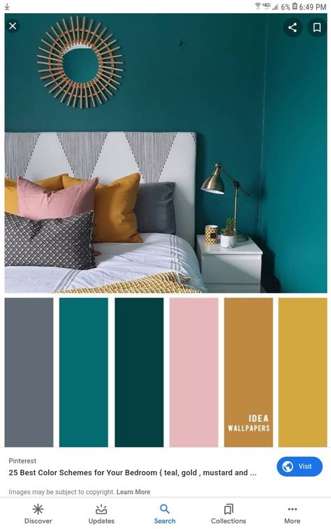 Teal Blush And Gold Bedroom, Grey And Gold Bedroom Ideas Decor, Teal Color Schemes Colour Palettes, Mustard Grey Colour Palette, Teal Pink Gold Color Palette, Grey And Teal Color Palette, Teal Rooms Ideas, Green Pink And Yellow Color Scheme, Light Teal Bedroom Color Schemes