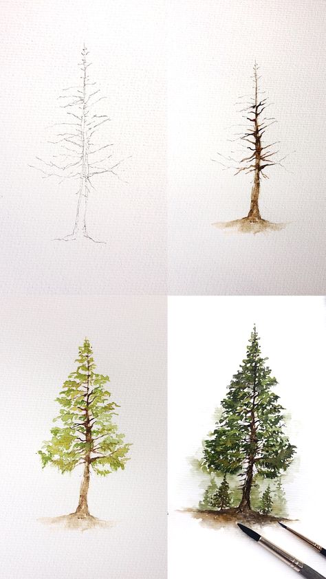 Pine Tree Drawing, Pine Tree Painting, Tree Artwork, Hur Man Målar, 수채화 그림, Diy Watercolor, Watercolor Art Lessons, Watercolor Trees, Tree Drawing