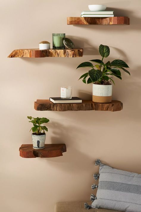 Takara Live-Edge Shelf | Anthropologie Apartment Cheap Decor, Sconces Over Floating Shelves Living Room, Living Edge Shelves, Plant Shelves For Wall, Earthy Wall Decor Living Room, Wooden Plant Accessories, Room Decor With Green Walls, Small Wood Home Decor, Wall Decor Earthy