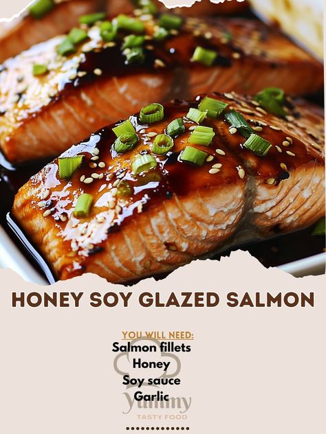 🍣🍯 Delight in the sweet and savory flavors of Honey Soy Glazed Salmon! A perfect blend of tastes! 🌿✨ #SeafoodDelight Honey Soy Glazed Salmon Ingredients: Salmon fillets (4) Honey (1/4 cup) Soy sauce (2 tbsp) Garlic, minced (2 cloves) Lemon juice (1 tbsp) Olive oil (1 tbsp) Green onions, chopped (2 tbsp) Instructions: Preheat oven to 375°F (190°C). Mix honey, soy sauce, garlic, lemon juice, and olive oil. Place salmon in a baking dish, pour glaze over it. Bake for 15-20 minutes until salmo... Soy Glazed Salmon, Soy Sauce Garlic, Summer Savory, Honey Soy, Salmon Dishes, Glazed Salmon, Salmon Fillets, Sweet And Savory, Baking Dish