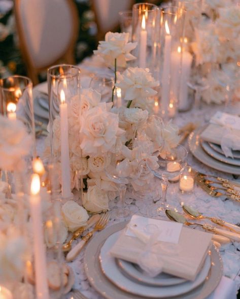 White Wedding Table Setting, Wedding Table Setup, White Weddings Reception, Dream Wedding Reception, Long Tables, Dubai Wedding, Dream Wedding Decorations, Gold Wedding Decorations, Wedding Inspired