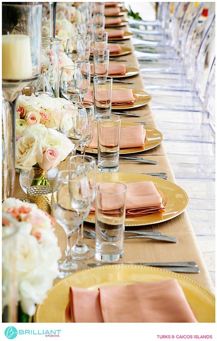 Peach and gold table scape for a beach wedding in The Caribbean. Brilliant Studios, Turks and Caicos Silver Event Decor, Gold Table Scape, Gold Anniversary Party, Beach Wedding Reception Decor, Peach And Gold Wedding, 35 Anniversary, Room Setting Ideas, Wedding Table Deco, Peach Weddings