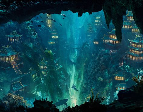 Underwater City Illustration, Atlantis City Art, Atlantis Fantasy Art, Water World Fantasy Art, Atlantis Art Underwater City, Dnd Setting Inspiration, Atlantis Artwork, Fantasy Water City, Water City Fantasy Art