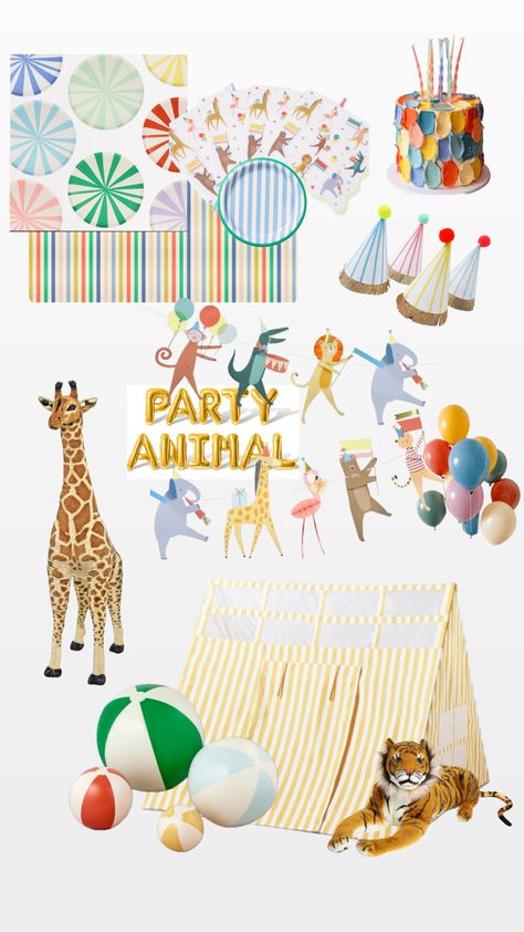 Meri Meri Animal Parade, 1st Birthday Animal Theme Decoration, First Birthday Colorful, Animal Pinata, Party Animal Birthday Theme Food Ideas, Colorful First Birthday Boy, Animal Parade Birthday Party, Party Animal Birthday, Animal Birthday Party Ideas