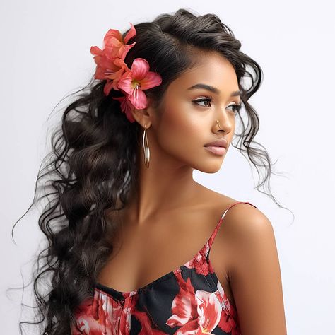 Hawaiian Party Hairstyles, Island Wedding Hairstyles, Luau Party Hairstyles, Tropical Wedding Hair Flowers, Aloha Hairstyles, Luau Hairstyles Easy, Hula Hairstyles, Tiki Hairstyle, Easy Hawaiian Hairstyles