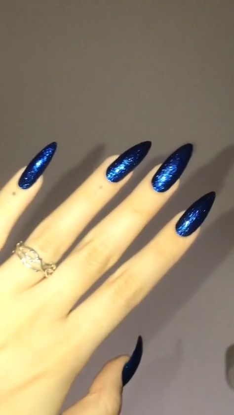 Dark Blue Nails Glitter, Sparkly Dark Blue Nails, Dark Glitter Nails, Sparkly Blue Nails, Blue Sparkly Nails, Homecoming Inspo, Blue Stiletto Nails, Blue Prom Nails, Dark Blue Nails