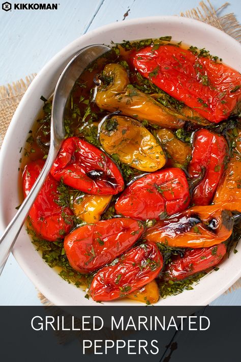 Grilled Mini Peppers Recipes, Corbaci Pepper Recipes, Marinated Bell Peppers, Bell Peppers Side Dish, Marinated Peppers Italian, Bell Pepper Sides, Grilled Peppers Recipe, Sides For Burgers, Marinated Peppers