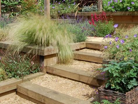 Garden On Different Levels, Steep Garden Steps, Sloped Landscaping, Fairy Path, Garden Slope, Sleeper Steps, Sleepers In Garden, Terraced Gardens, Hill Landscaping