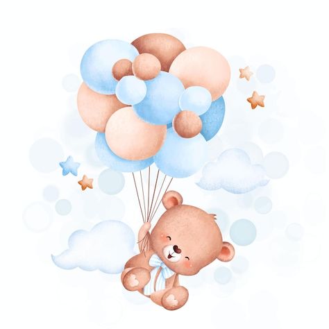 Watercolor illustration cute baby bear f... | Premium Vector #Freepik #vector #watercolor-bear #watercolor-stars #cute-watercolor #watercolor-baby Idee Babyshower, Teddy Bear Party, Bear Invitations, Baby Shower Invitaciones, Illustration Cute, Baby Shawer, Bear Illustration, Bear Theme, Blue Balloons