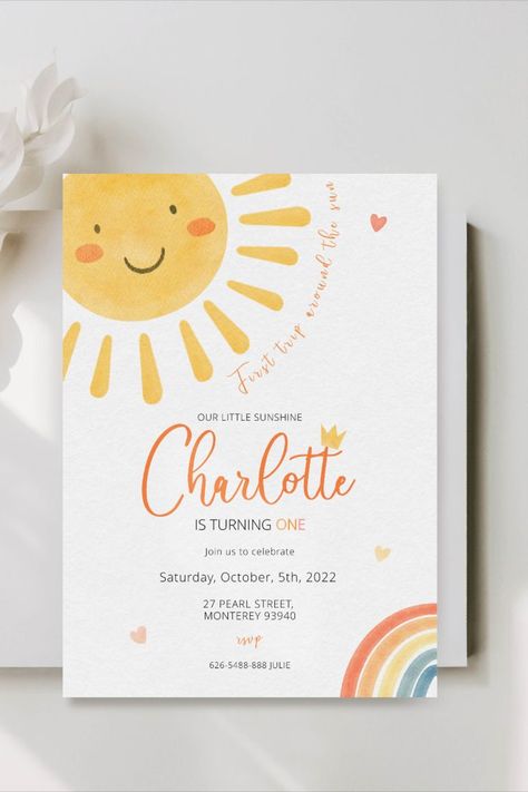 Sunshine Birthday Theme, Sun First Birthday, Sunshine Birthday Invitation, Sunshine 1st Birthday, Daisy Invitations, Sunshine First Birthday, Sunshine Birthday Parties, Baby Birthday Card, 1st Birthday Invitation Template