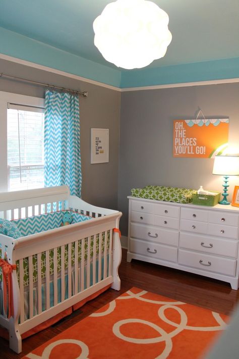 Turquoise and orange little boy's nursery.  Precious. Dr Seuss Nursery, Orange Nursery, Baby Nursery Design, Boys Nursery, Nursery Colors, Gender Neutral Nursery, Baby's Room, Modern Nursery, Nursery Inspiration