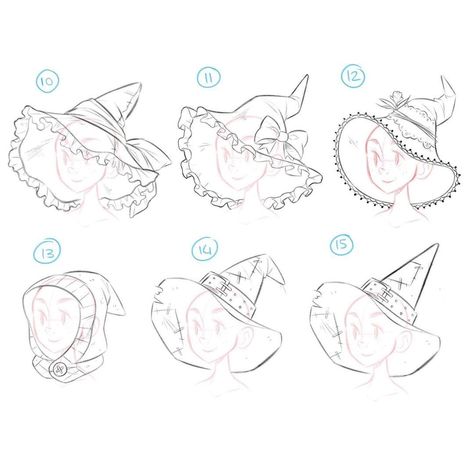 Drawing Hats, Witch Drawing, Drawing Expressions, Figure Drawing Reference, Anime Drawings Tutorials, 판타지 아트, Kawaii Drawings, Art Drawings Sketches Simple, Drawing Base