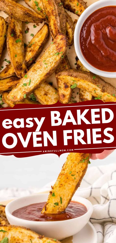 These Baked Oven Fries are a simple, fast, and affordable side dish that everyone loves. They come together quickly with just a handful of ingredients, to deliver homemade fries that are crispy on the outside, fluffy and tender on the inside, low in fat, and perfectly seasoned. Homemade Oven Fries Potato Wedges, Fries Made From Potatoes, Easy French Fries Baked, How To Make Fries From Potatoes In Oven, Best French Fries Homemade Oven Baked, Oven Baked Potato Fries, Best Oven Baked French Fries, Oven Roasted Steak Fries, Healthy Homemade French Fries