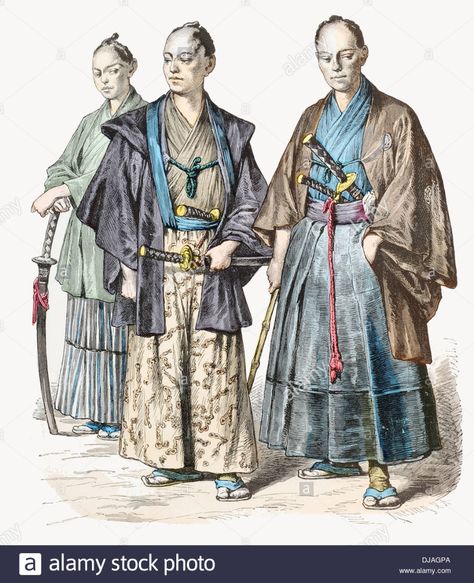 19th century XIX Japan men of the people with swords Stock Photo Human Godzilla, Ancient Japanese Clothing, Wind Pictures, Greek Aesthetic, Samurai Clothing, Japanese Mens Fashion, Kamakura Period, Period Fashion, Ancient Japan