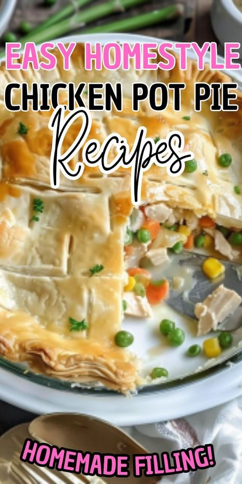 Easy Homestyle Chicken Pot Pie recipe. This timeless dish features tender chunks of chicken, savory vegetables, and a rich, creamy sauce, all encased in a flaky, golden crust. Whether enjoyed for a cozy family dinner or served up for a special occasion, this chicken pot Chicken And Dumplings Recipe With Biscuits, Homemade Pot Pie, Pot Pie Recipe Easy, Easy Chicken Pot Pie Recipe, Best Chicken Pot Pie, Chicken Pot Pie Recipe, Easy Pie Crust, Pot Pie Recipe, Easy Chicken Pot Pie