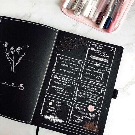 31 Black-Out journal spreads to inspire you! | My Inner Creative Black Journals, Bullet Journal Key, طابع بريدي, Dot Grid Journal, Bumbo, Dot Grid Notebook, Photo Album Diy, Journal Spreads, Scrapbook Book