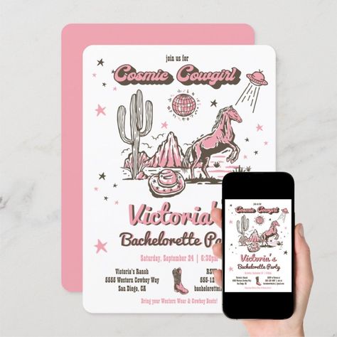 Cosmic Space Cowgirl Western Bachelorette Party Invitation  Zazzle Cosmic Cowgirl Bachelorette, Cosmic Cowgirl Party, Western Party Invitations, Space Cowgirl Bachelorette Party, Space Cowgirl Bachelorette, Cowboy Party Invitations, Western Bachelorette Party, Hen Ideas, Cowboy Invitations Birthday