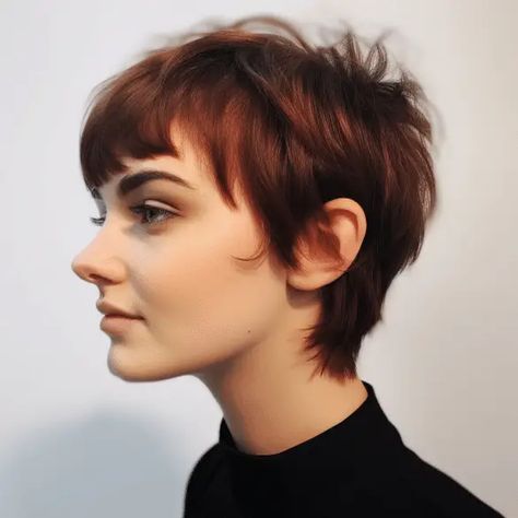 Shag With Micro Bangs, Shaggy Haircuts For Fine Hair, Shaggy Pixie Mullet, Short Shaggy Pixie Haircuts, Hidden Undercut, Shag Pixie, Above Shoulder Hair, Pixie With Bangs, Pixie Shag