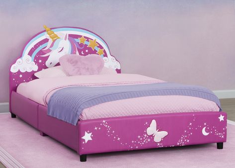 Girls Bedroom Pink, Unicorn Bed, Upholstered Twin Bed, Unicorn Bedding, Unicorn And Rainbow, Pink Bedroom For Girls, Colorful Unicorn, Bedroom Pink, Kids Bed