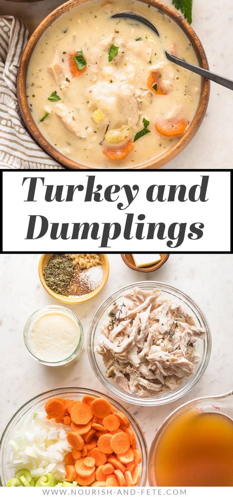 Cozy, easy to make, and completely delicious, these bowls of creamy turkey and dumplings will satisfy you and put extra turkey to good use! Dumplings Soup, Turkey And Dumplings, Turkey Stew, Stew And Dumplings, Dumpling Soup, Dumpling Dough, Chicken Gnocchi Soup, Dumplings For Soup, Turkey Soup