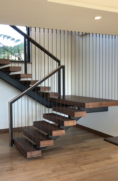 Stair Railing Metal And Wood, Metal Floating Stairs, Fabricated Staircase Interior Design, Types Of Stairs Design, Fabrication Stairs Design, L Staircase Design, Fabrication Staircase Design, Floating Staircase Modern, Home Stairs Design Interiors