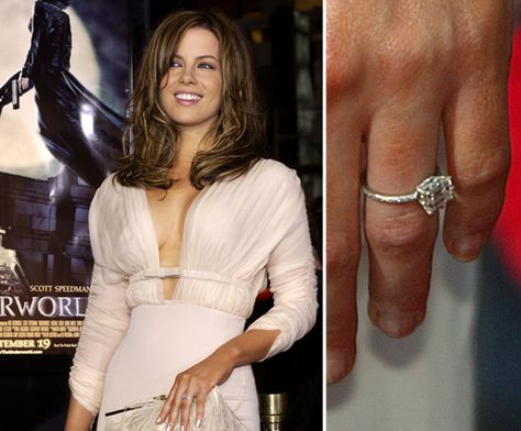 Kate Beckinsale: Len Wiseman proposed to Kate Beckinsale in June 2003 with a horizontally set emerald-cut diamond designed by Neil Lane. Giant Engagement Ring, Celebrity Wedding Rings, Engagement Ring Pictures, Neil Lane, Celebrity Jewelry, Emerald Cut Engagement, Gabrielle Union, Engagement Celebration, Celebrity Engagement Rings