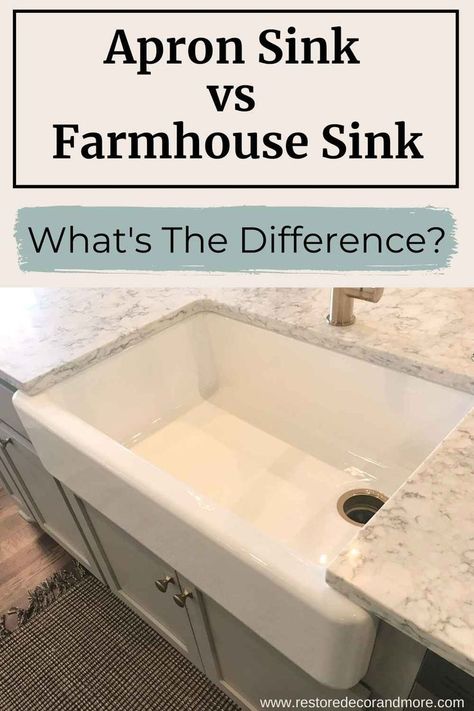 Are you wondering about the apron sink vs farmhouse sink? Although these two sinks are very similar there are some key differences! We break down all the farmhouse sink vs apron sink differences as well as what makes them similar. See the differences in design, material, installation, and cost when it comes to the apron front vs farmhouse sink. Apron Sink Laundry Room, Divided Farmhouse Kitchen Sink, Farmhouse Sink Faucet Ideas, Farmhouse Kitchen Sink Cabinet, Farm Sink In Bathroom, Farmhouse Sink Gray Cabinets, Front Apron Kitchen Sink, Bathroom Apron Sink, Apron Front Bathroom Sink