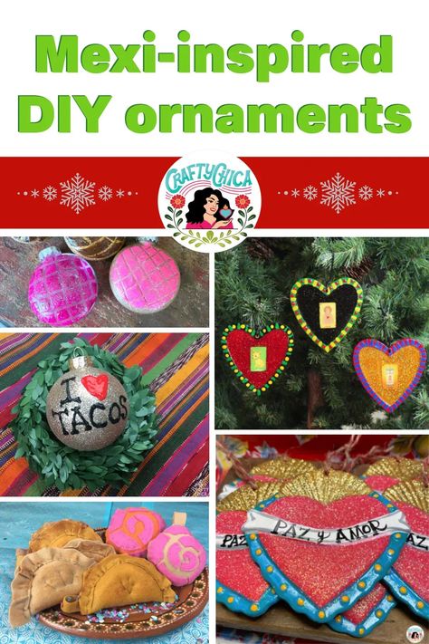 Check out this list of handmade ornaments, many of them with a Mexi-theme! Mexican Tin Ornaments Diy, Concha Ornament Diy, Hispanic Christmas Decorations, Mexican Crafts Diy, Mexican Ornaments Diy, Concha Ornaments, Mexican Theme Christmas Tree, Diy Mexican Christmas Ornaments, Mexican Christmas Decor