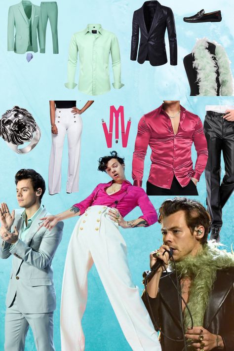 harry styles most iconic outfits with budget recommendations - blue background Harry Styles Inspired Costumes, Harry Styles Dress Up, Harry Styles Inspired Halloween Costume, Harry Styles Themed Party Outfits, Harry Styles Outfits Inspiration Men, Bop Outfit, Dress Like Harry Styles, Harry Styles Themed Party, Iconic Harry Styles Outfits