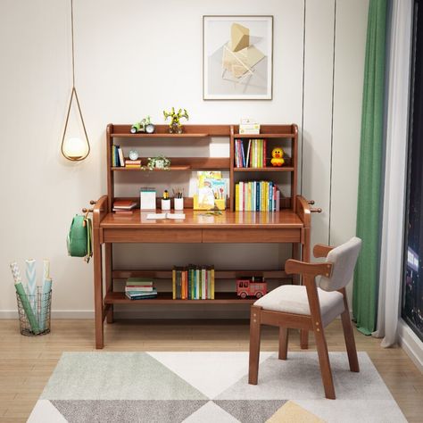 Bookshelf With Chair, Kids Writing Desk, Computer Study, Drawer Bookshelf, Wooden Desk Chairs, Desk Brown, Study Table Designs, Kids Playroom Furniture, Wood Writing Desk