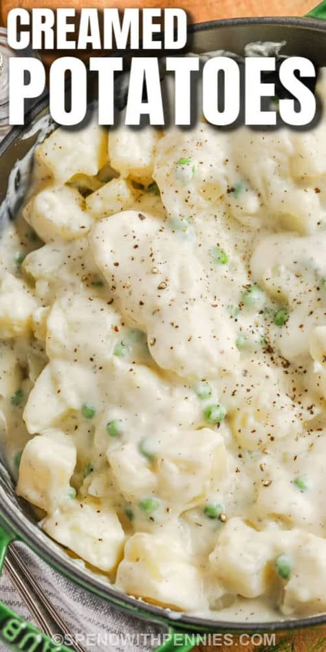 For an old-fashioned comfort food favorite, try this Creamed Potatoes recipe. Serve it with peas or without, for the ideal holiday side dish. Creamed potatoes are perfect for add-ins like cheese or bacon and mushroom. Turn it into a chicken and broccoli casserole with sour cream or serve it as a soup by adding extra cream. Any way it is served, this yummy side dish is always welcome at the table. #creamedpotatoes #spendwithpennies #creamedpotatoesandpeas #oldfashionedcreamedpotatoes Fresh Green Peas Recipes, Creamed Vegetables, Pea Salads, Cream Potatoes Recipe, Potatoes And Peas Recipe, Creamed Peas And Potatoes, Side Veggies, Thanksgiving Hosting, Rv Cooking