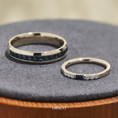 Matching Rings For Couples, Blue Wedding Rings, Jewel Design, Couples Ring, Rings Ideas, Matching Wedding Rings, Couples Ring Set, Sapphire Band, Navy Blue Wedding