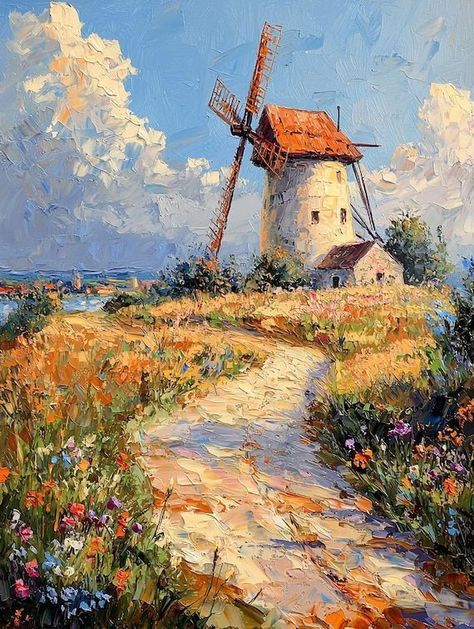 Impressionist Dutch Windmill Canvas Print | Amsterdam Holland Art | Custom Wall Art | Beautiful Home Decor | Unique Digital Download by CustomCanvasCurators Feeling the Dutch vibes with this stunning 'Dutch Windmill' artwork! 🎨 Capturing the golden sunrise and lush greenery, it's like a little piece of Amsterdam right here. The Impressionist style brings out the beauty in the everyday, reflecting the nostalgia and history of these iconic windmills. Such a serene and nostalgic piece, it's li... Dutch Art Traditional, Daily Life Composition Painting, Holland Painting, Amsterdam Painting, Windmill Painting, Dutch Paintings, Windmill Landscaping, Holland Art, Holland Windmills