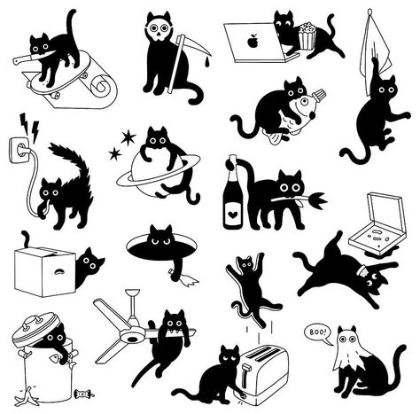 Cat Funny Illustration, Cartoon Cat Tattoo, Tuxedo Cat Tattoo, Funny Cat Illustration, Blitz Tattoo, Tato Henna, Black Cat Tattoos, Cat Tattoo Designs, Cat Doodle