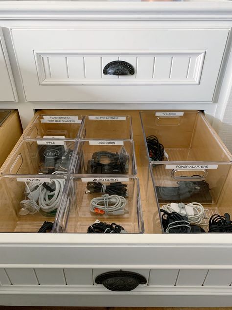 Decluttered & Organized Cords - simply organized Office Clutter Organization, Electronic Organization Storage, Kitchen Hack Decor, Simply Organized, Electronics Organization, Tech Storage, Tech Office, Storage Rooms, Audio Engineering