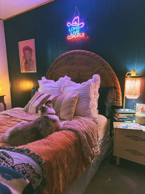 Cosmic Cowgirl Bedroom, Western Hangout Room, Eclectic Cowgirl Decor, Space Cowgirl Room Decor, Neon Cowgirl Aesthetic Room, Neon Cowgirl Bedroom, Preppy Western Bedroom, Western Cowgirl Bedroom, Rhinestone Cowgirl Bedroom