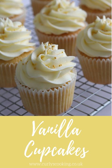 Vanilla Cupcakes – Curly's Cooking Fluffy Vanilla Cupcakes, Basic Baking, Easy Vanilla Cupcakes, Moist Vanilla Cupcakes, Fluffy Cream Cheese Frosting, Fluffy Cupcakes, Moist Cupcakes, Buttered Vegetables, Small Cupcakes