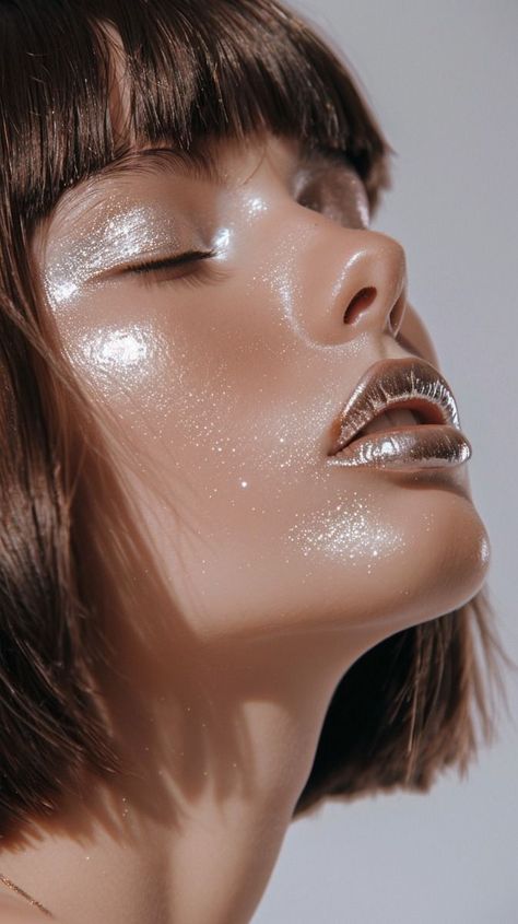 Glass Makeup Look, Wet Makeup Look, Bold Lips Makeup, Glossy Makeup Look, High Fashion Makeup Editorial, Editorial Makeup Photography, Graphic Liners, Beauty Editorial Makeup, Monochromatic Makeup