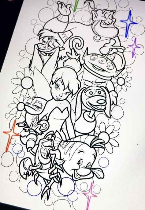 coloring pages 🐞 Disney Character Sleeve Tattoo, Disney Pixar Tattoos Sleeve, Disney Characters Tattoo Ideas, Disney Line Work Tattoo, Disney Sidekicks Tattoo Sleeve, Disney Mashup Tattoos, Black And Gray Disney Tattoos, Disney Characters Tattoos Sleeve, Disney Black And White Tattoo