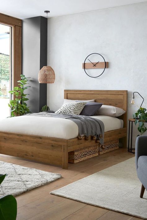 Next Bronx Bedroom, Boho Bedroom Beds & Frames, Modern Rustic Decor Bedroom, Mediterranean Bedroom Ideas, Parent Room, Bedroom Wooden Floor, Dark Wood Bed, Bed Makeover, Oak Bed Frame