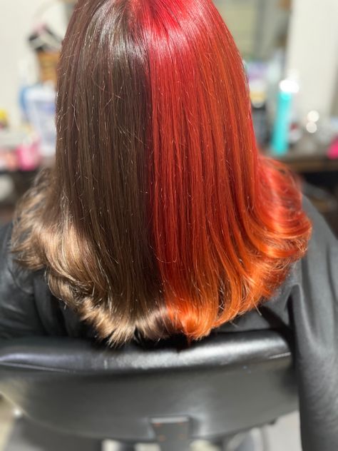 #splitdye #splitdyedhair #redhaircolor #brownhaircolors Red Split Dye, Dye Styles, Split Dye, Split Dyed Hair, Blow Dry Bar, Haircut Pictures, Level 7, Split Hair, Red Hair Color