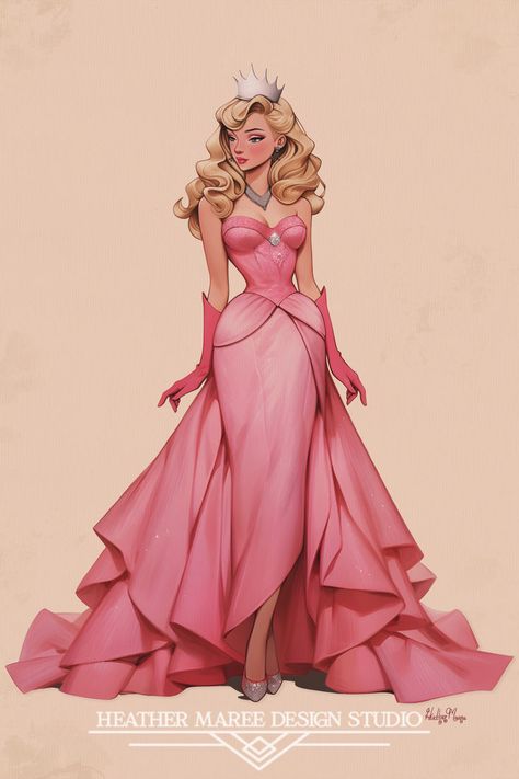 This original artwork of Sleeping Beauty is a perfect addition for those who adore fairy tales and princess-inspired aesthetics, offering a fresh perspective with a delightful nod to the glamour of the 1940s. This lovely character art seamlessly merges fantasy with vintage-inspired aesthetics, making it an ideal choice for those who appreciate feminine maximalist home decor | Character Art | Pink Aesthetic | Girly Things Feminine Maximalist, Sleeping Beauty Illustration, Pink Aesthetic Girly, Sleeping Beauty Dress, Maximalist Home Decor, Debut Photoshoot, Hollywood Golden Era, Elegant Gloves, Maximalist Home