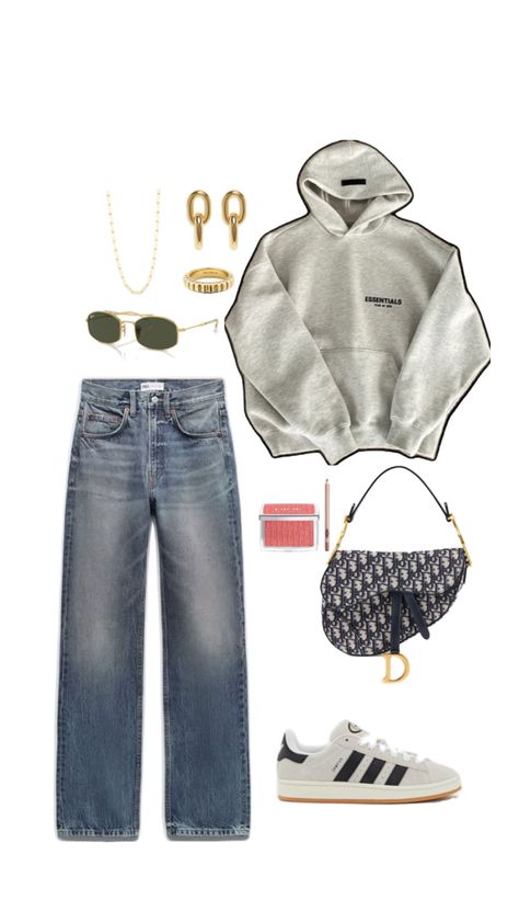 Outfit idea, autumn 2024, grey hoodie, baggy jeans, fashion inspiration, fit inspo, adidas campus, golden jewells Beige Campus 00s Outfit, Grey Campus 00s Outfit, Beige Hoodie Outfit, Baggy Jeans Fashion, Cool Closet, Campus Outfit, Dont Judge, My Style Outfits, Beige Outfit