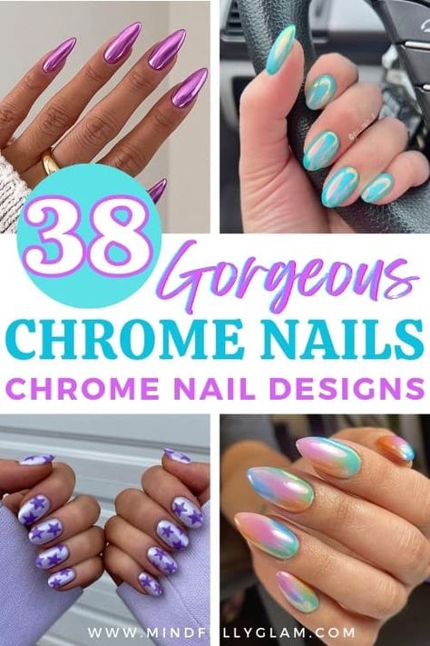 38 Iridescent Chrome Nails & Chrome Nail Designs That Shine Chrome French Tip Nail Designs, Pastel Chrome Nails Designs, Best Chrome Nail Colors, Beach Nails Chrome, Nail Inspo Almond Chrome, Chrome Nail Inspiration, Simple Chrome Nails Designs, Unicorn Chrome Nails Designs, Chrome Gel Nails Ideas