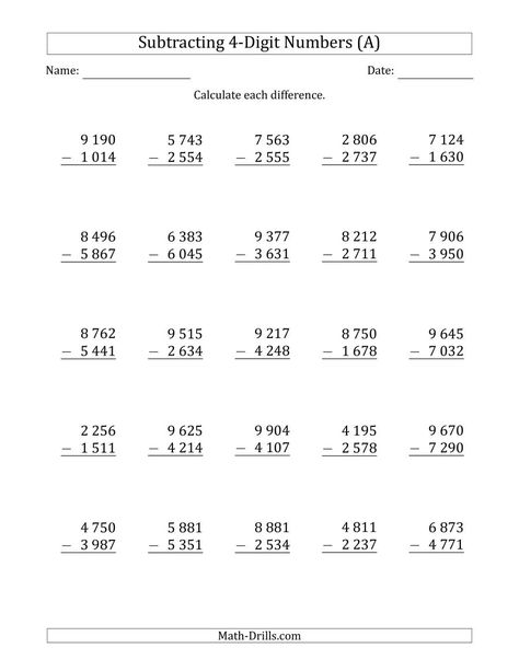 The 4-Digit Minus 4-Digit Subtraction with Space-Separated Thousands (A) Math Worksheet Decimal Numbers Worksheet, Addition With Regrouping Worksheets, Subtraction With Regrouping Worksheets, Math Subtraction Worksheets, Money Math Worksheets, Decimal Numbers, Worksheet Math, Math Practice Worksheets, 25 Questions