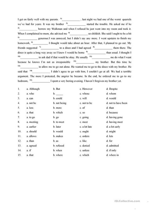 Cloze test - English ESL Worksheets for distance learning and physical classrooms Intermediate English Worksheets, Reading Test Worksheet, Grade 6 English Worksheets With Answer, Cloze Passage Worksheets, Grade 4 English Worksheets With Answers, Cloze Test Reading Comprehension, Grammar Test Worksheets With Answers, Cloze Passages, English Grammar Notes