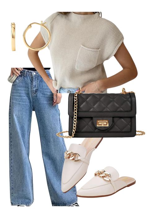 Create a timeless fall look with this chic Amazon outfit! The neutral sleeveless sweater pairs perfectly with wide-leg jeans, a quilted crossbody bag, and sleek chain-detail mules. Complete the look with classic gold hoop earrings for a polished finish. Shop each item on Amazon now! As an Amazon Affiliate, I earn from qualifying purchases.n
#falloutfits #falloutfitinspo #amazonfinds Mules Outfit, Outfit For Everyday, Build A Capsule Wardrobe, Tan Vest, Fall Brunch, Little Life, A Little Life, Quilted Crossbody Bag, Sweater Boots