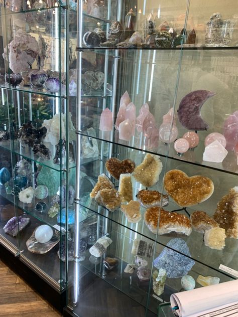 Angel Collection Display Ideas, Crystal Cabinets, Crystal Shop Window Display, Metaphysical Store Display, Gem Collection Display, Crystal Display Cabinet, Crystal Display Ideas Rock Collection, Crystal Organization Display, Crystal Shop Interior